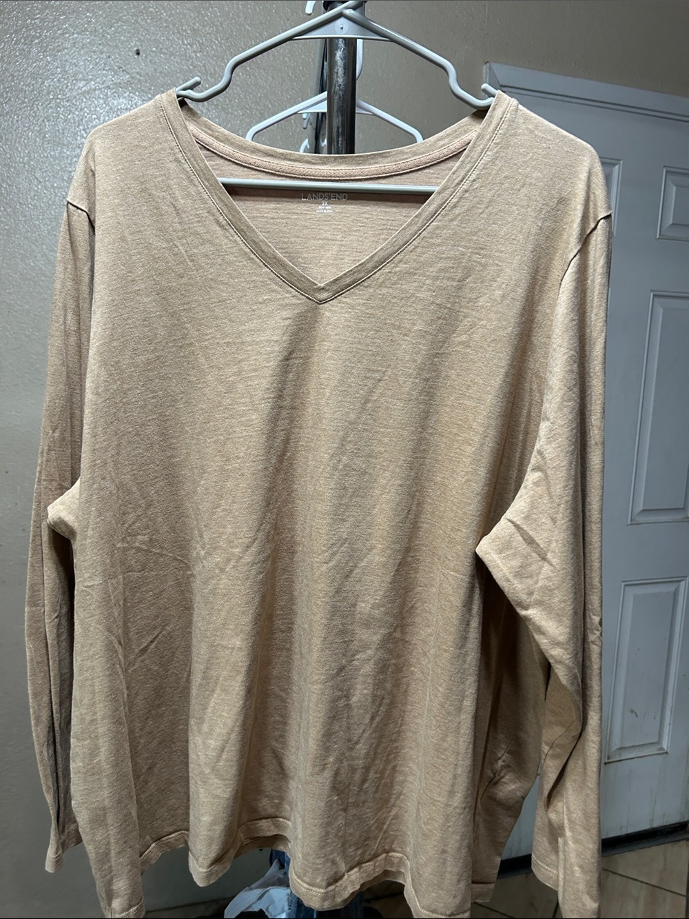 Lands End V-Neck Long Sleeve Shirt in Taupe